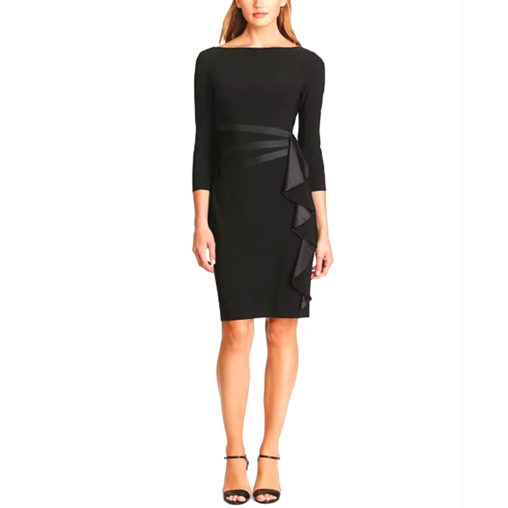 Satin Ruffle Sheath Dress, Navy Blue, Sz. 8